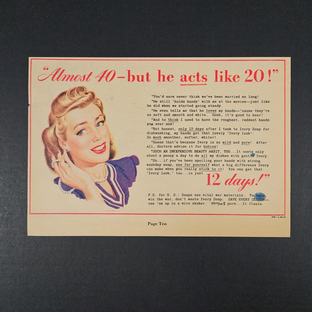 1944 Ivory Soap Vintage Print Ad Blonde Beauty Wearing Pearls Don't‎ Waste WW2